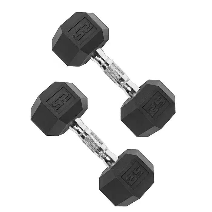 Haltères hexagonaux en caoutchouc noir pour usage domestique, équipement de fitness et de gym, vente