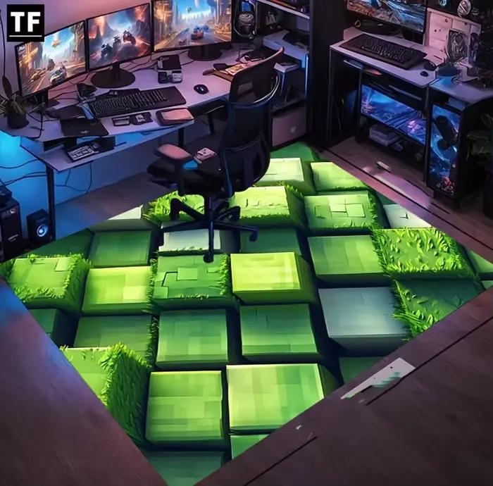 Tapis de sol imprimé dessin animé à grille de pixels verts, grand tapis de jeu adapté aux joueurs, c