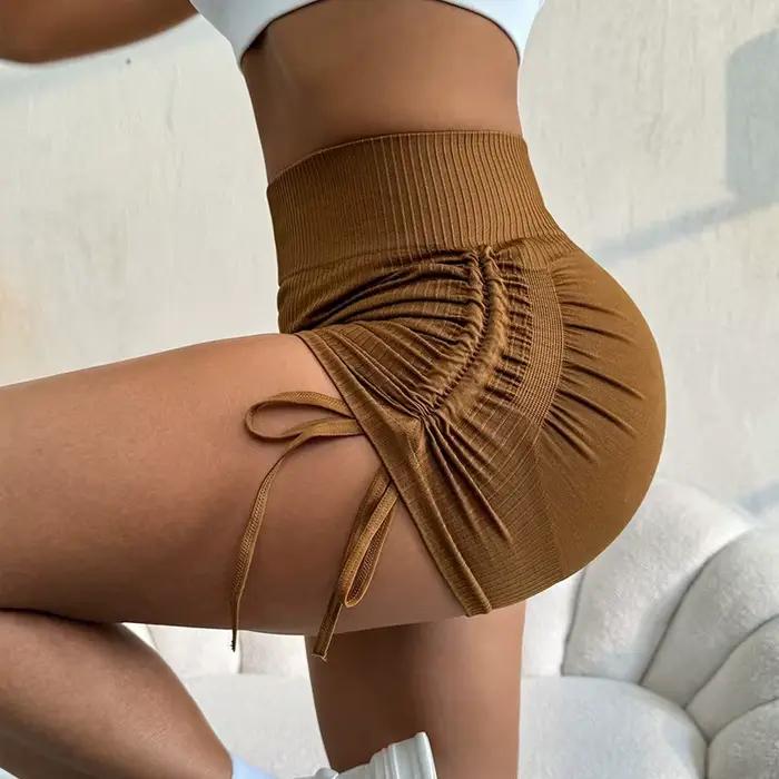 Short d'entraînement froissé pour femmes, taille haute, butin de levage, gymnastique, Yoga, motard