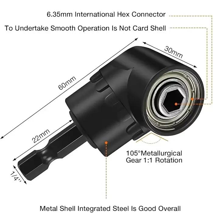 Le kit d'accessoires pour perceuse à angle droit comprend un adaptateur de douille, un adaptateur de perceuse d'angle à tige hexagonale, une foret oblique et une tête de lot