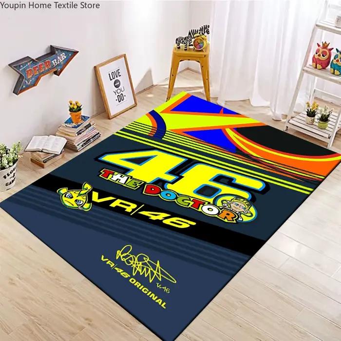 Tapis de salon à thème de course automobile, motif de dessin animé de docteur, jaune, avec numéro 46, signature, tapis de jeu antidérapant pour la chambre à coucher