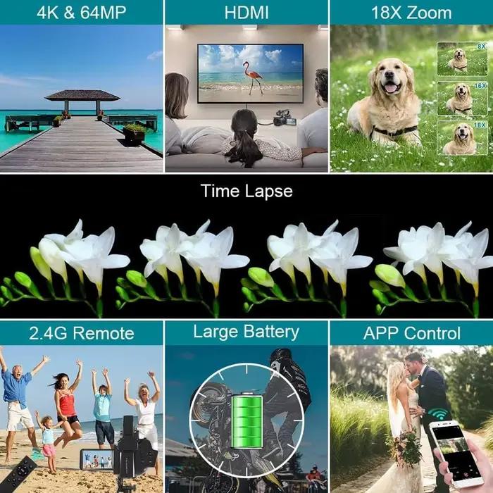Caméras vidéo professionnelles 4K pour la photographie, 64mp, Ultra HD, Zoom numérique 18X, enregistreur Vlog en Streaming en direct YouTube