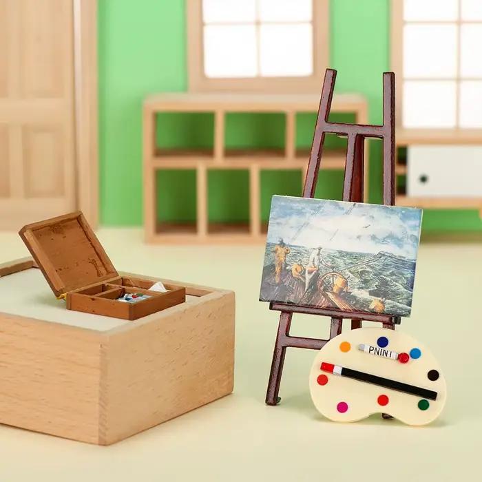 Ensemble de modèles de décoration pour maison de poupée, planche à dessin, chevalet Miniature, stylo de peinture d'artiste, Mini boîte en bois