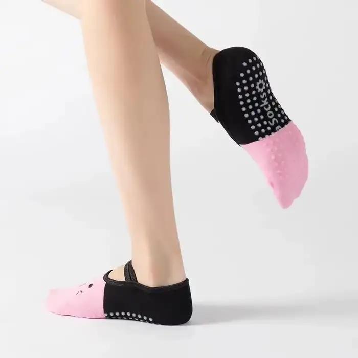 Chaussettes de Yoga antidérapantes pour femmes, mignonnes, dos nu, à bandes, Pilates, danse de Balle