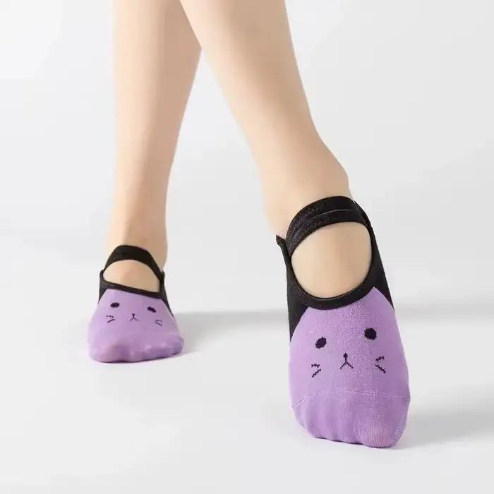Chaussettes de Yoga antidérapantes pour femmes, mignonnes, dos nu, à bandes, Pilates, danse de Balle