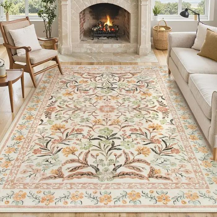 Tapis vintage floral BOHO pour salon, grand tapis de sol pour chambre à coucher, tapis pliable lavable en machine, tapis de couloir longue bande