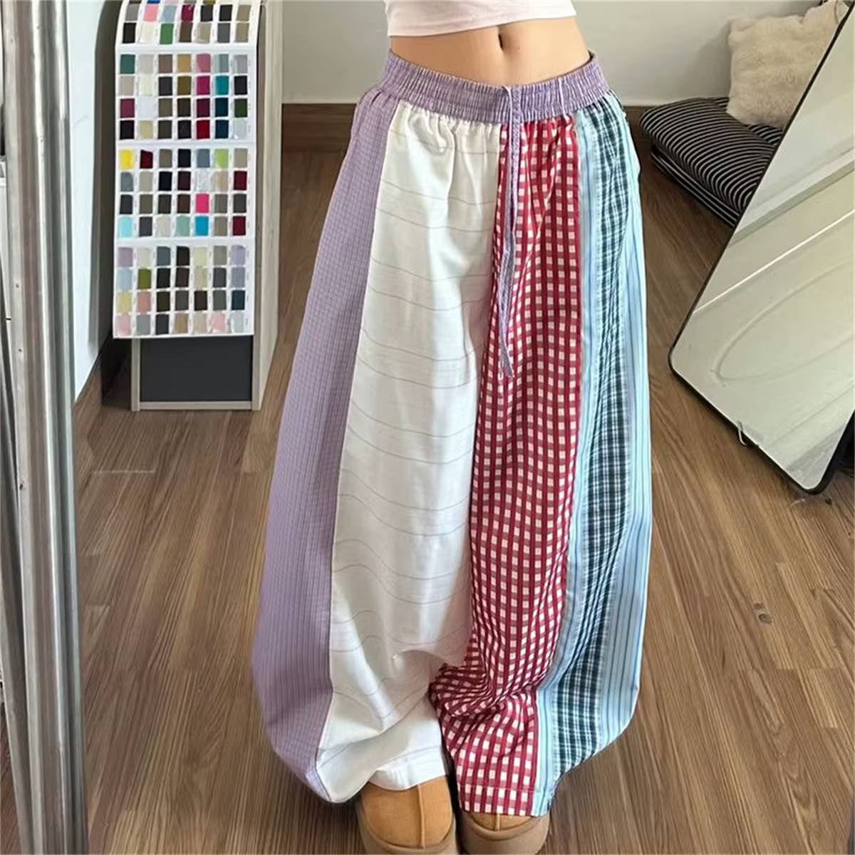Pantalon large décontracté à taille haute élastique, rayé et color-block, pour femme, coupe ample, m