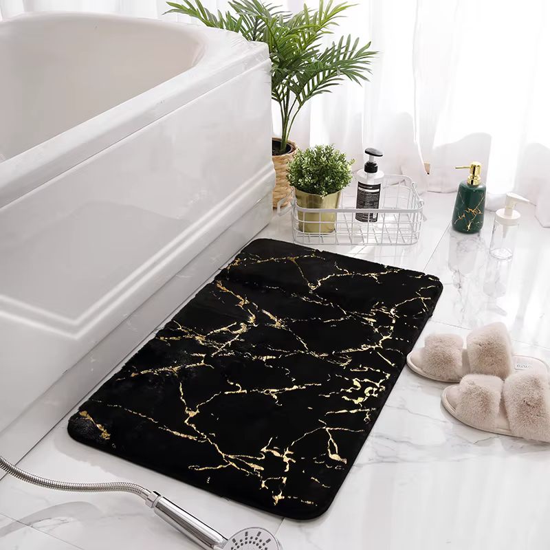 Inyahome – tapis de salle de bain en marbre, antidérapant, noir, or, Ultra doux, lavable, pour salle