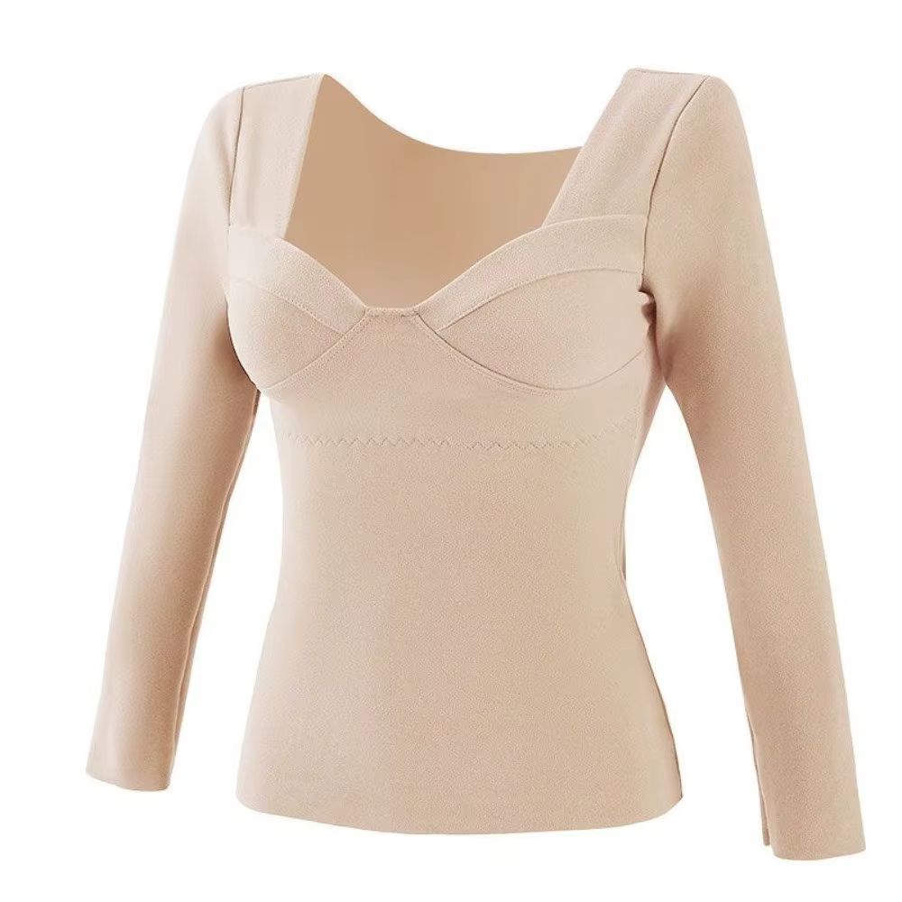 Haut thermique pour femme à col en V, couleur unie, en velours polaire, sous-vêtement chauffant, lin