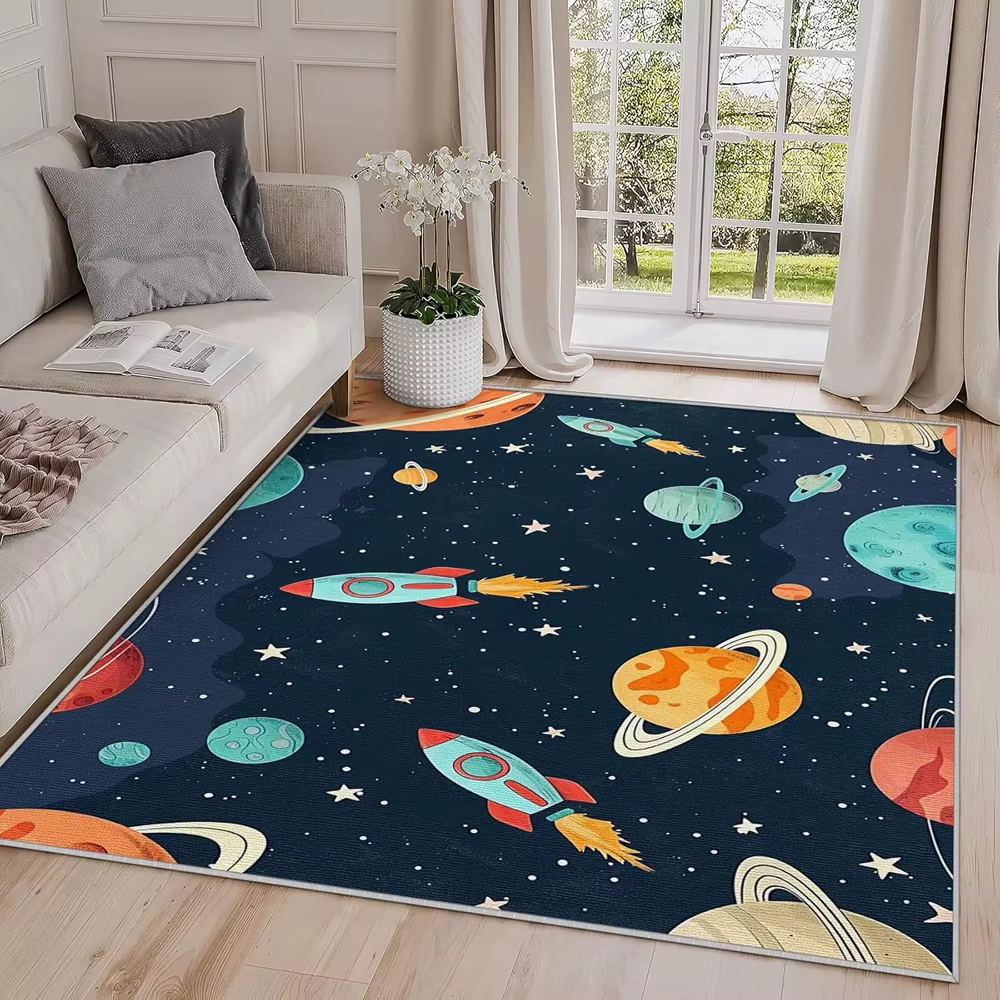 Tapis de dessin animé avec motif de fusée spatiale et de planètes, imprimé système solaire mignon, a