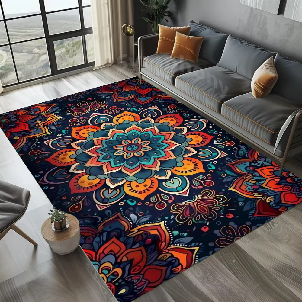 Tapis Mandala Bohème Coloré Imprimé en 3D, Tapis Antidérapant Grande Surface pour Salon, Chambre à C