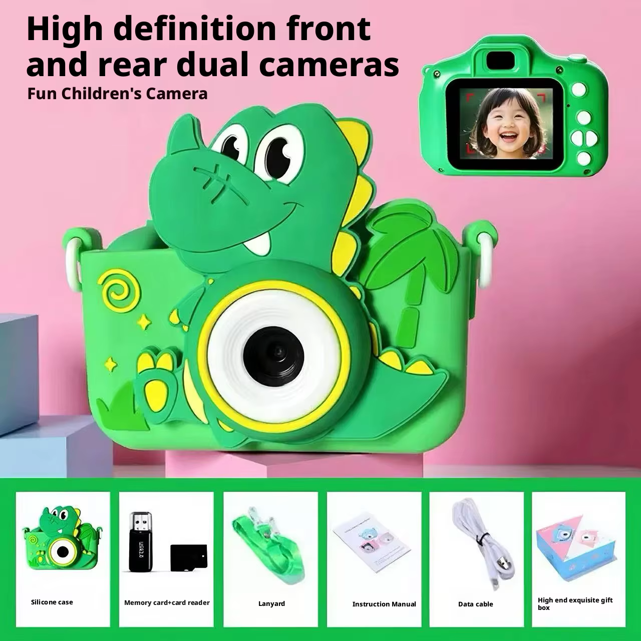 Appareil photo numérique pour enfants à double objectif, dessin animé dinosaure vert, prise de vue H