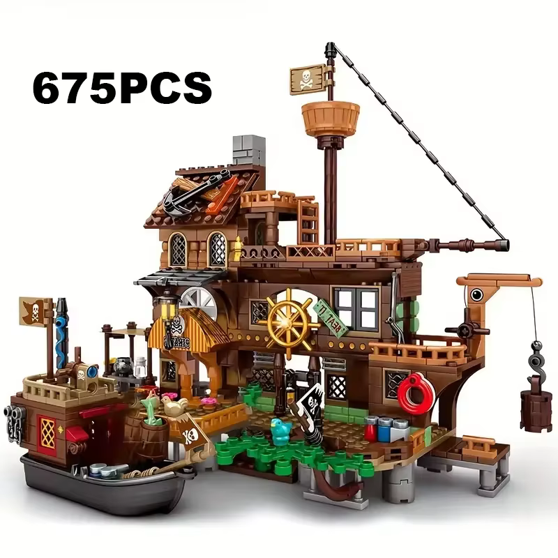 Blocs de construction créatifs de forteresse insulaire médiévale, pirate, château, bateau d'aventure