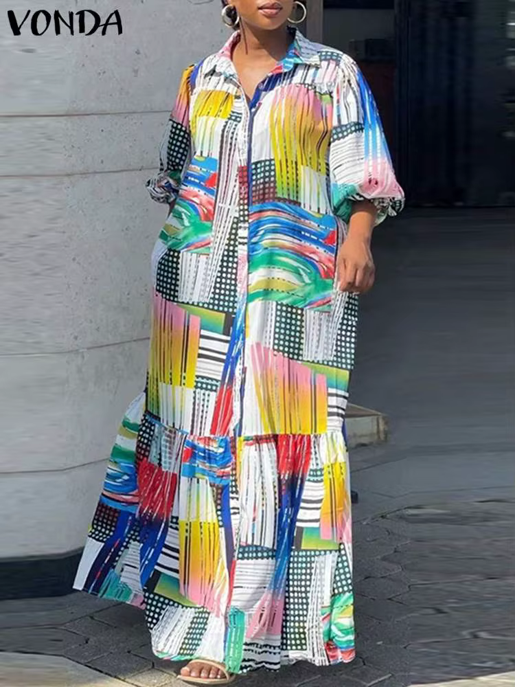 VONDA grande taille 5XL Robe imprimée bohème automne femmes élégant à manches longues Vintage Maxi R