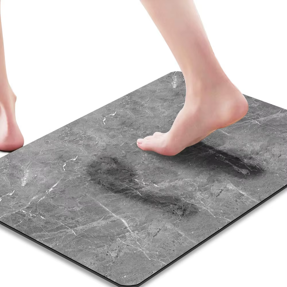 Tapis de bain en marbre gris, séchage rapide, tapis de salle de bain, veinage de roche naturelle, mi