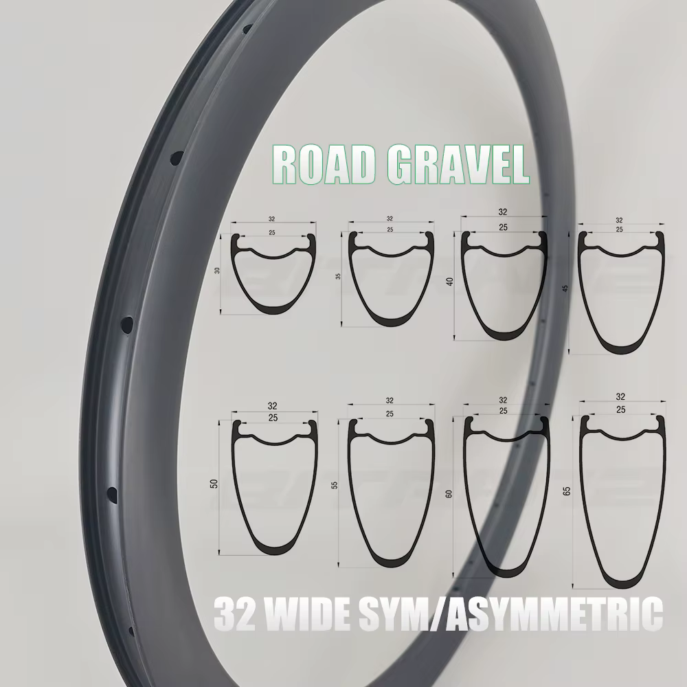 30mm 32mm largeur disque de roue de vélo de route asymétrique 700c gravier carbone jante Tubeless 32