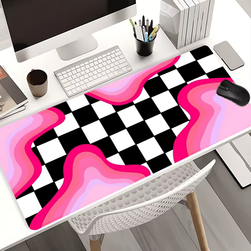 Grand tapis de souris XXL noir et blanc à carreaux, tapis de bureau pour jeux, base en caoutchouc an