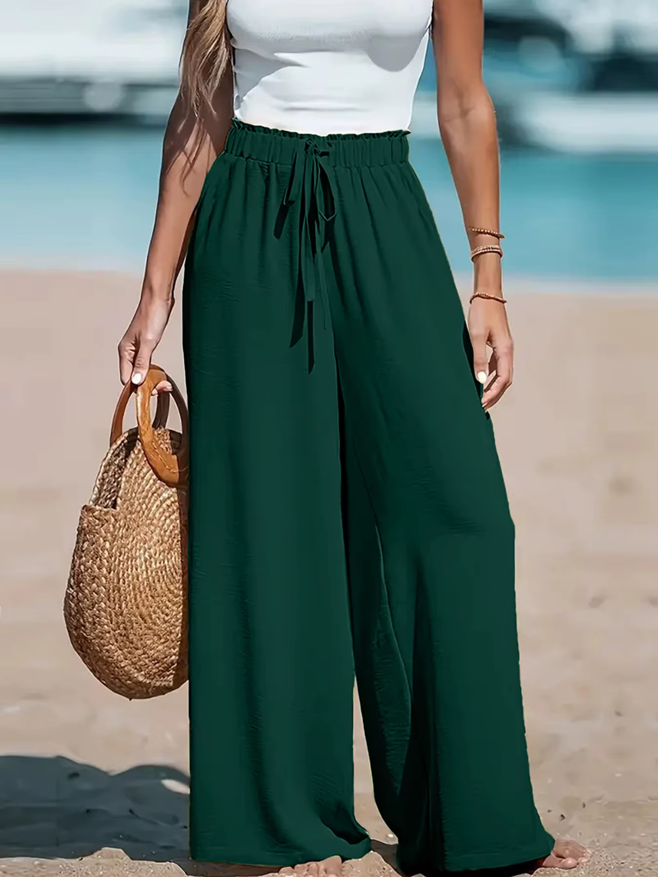 Pantalon large à taille élastique et cordon de serrage pour femme, simple et tendance, idéal pour le