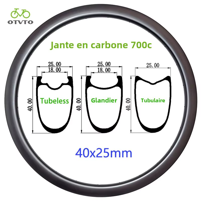 Jante en carbone pour vélo de route, pneu sans chambre à air, frein V-Brake à disque symétrique tubu