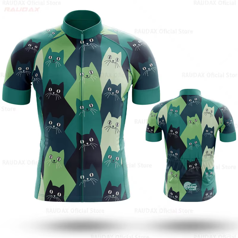 Vêtements de cyclisme drôles de chat de dessin animé pour hommes, manches courtes d'été, ensemble de