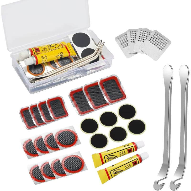 Kit de réparation d'urgence pour pneus de vélo pour cyclistes avec patchs, râpes métalliques, levier