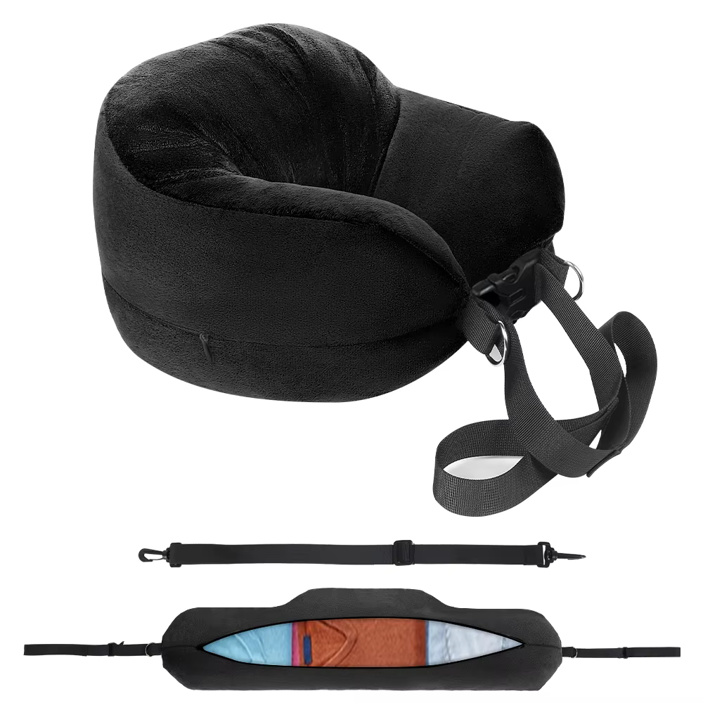 Oreiller de cou de voyage avec vêtements remplissables, taie d'oreiller en forme de U, sac de rangem