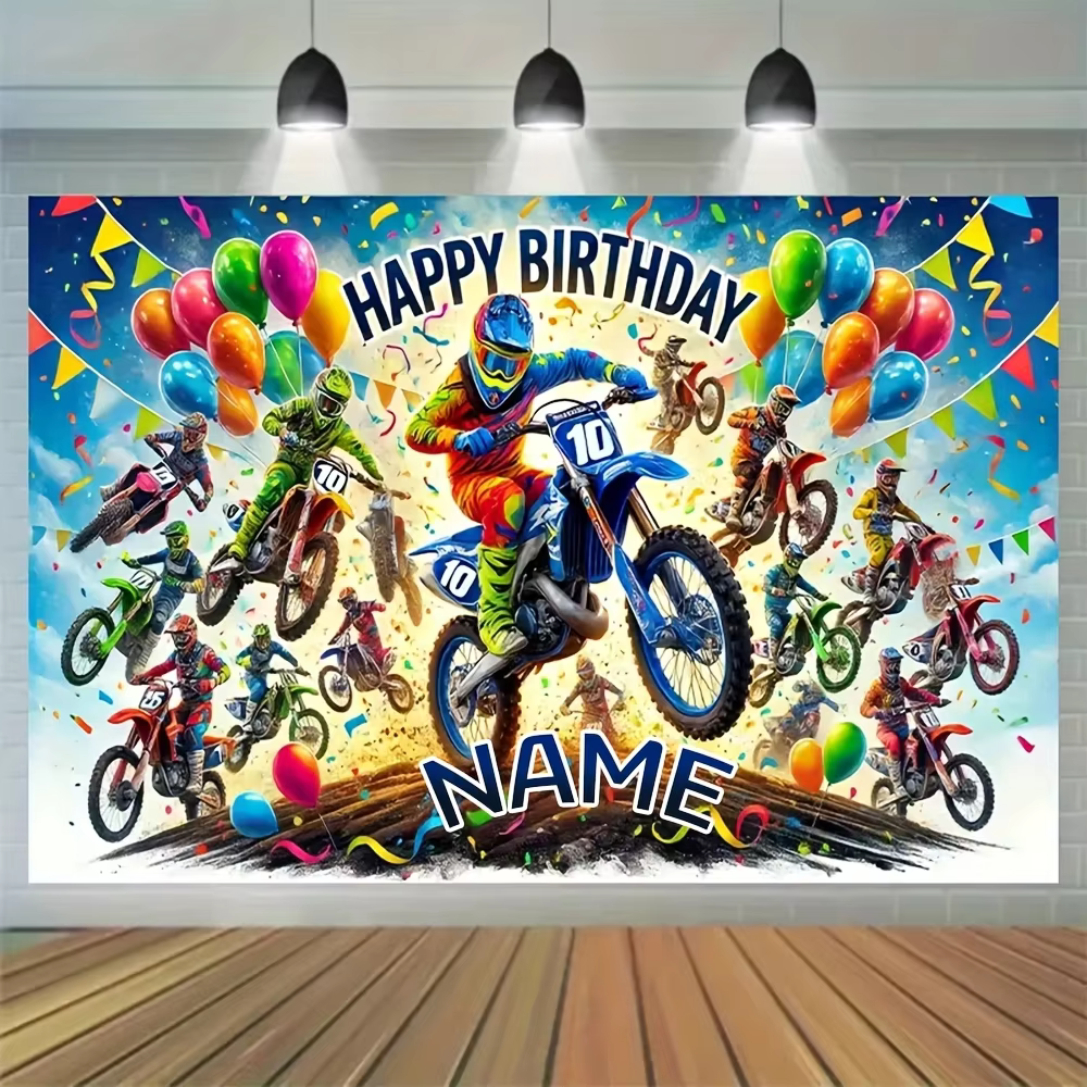 1 pièce Toile de fond personnalisée pour moto tout-terrain et motocross, thème Joyeux Anniversaire, 