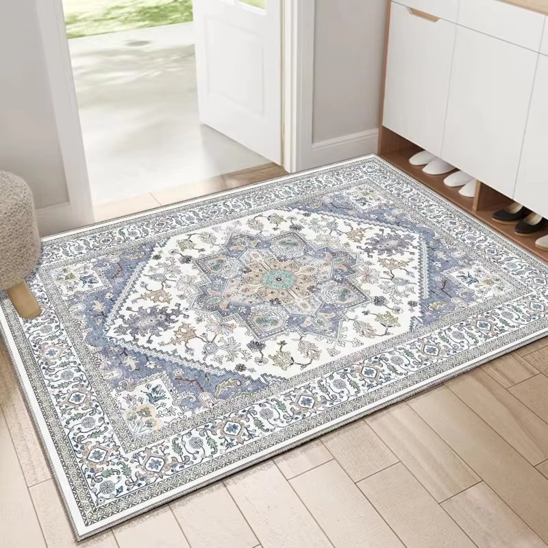 Tapis de sol VIKAMA vintage bleu et rouge à motif floral persan, antidérapant, lavable, style bohème