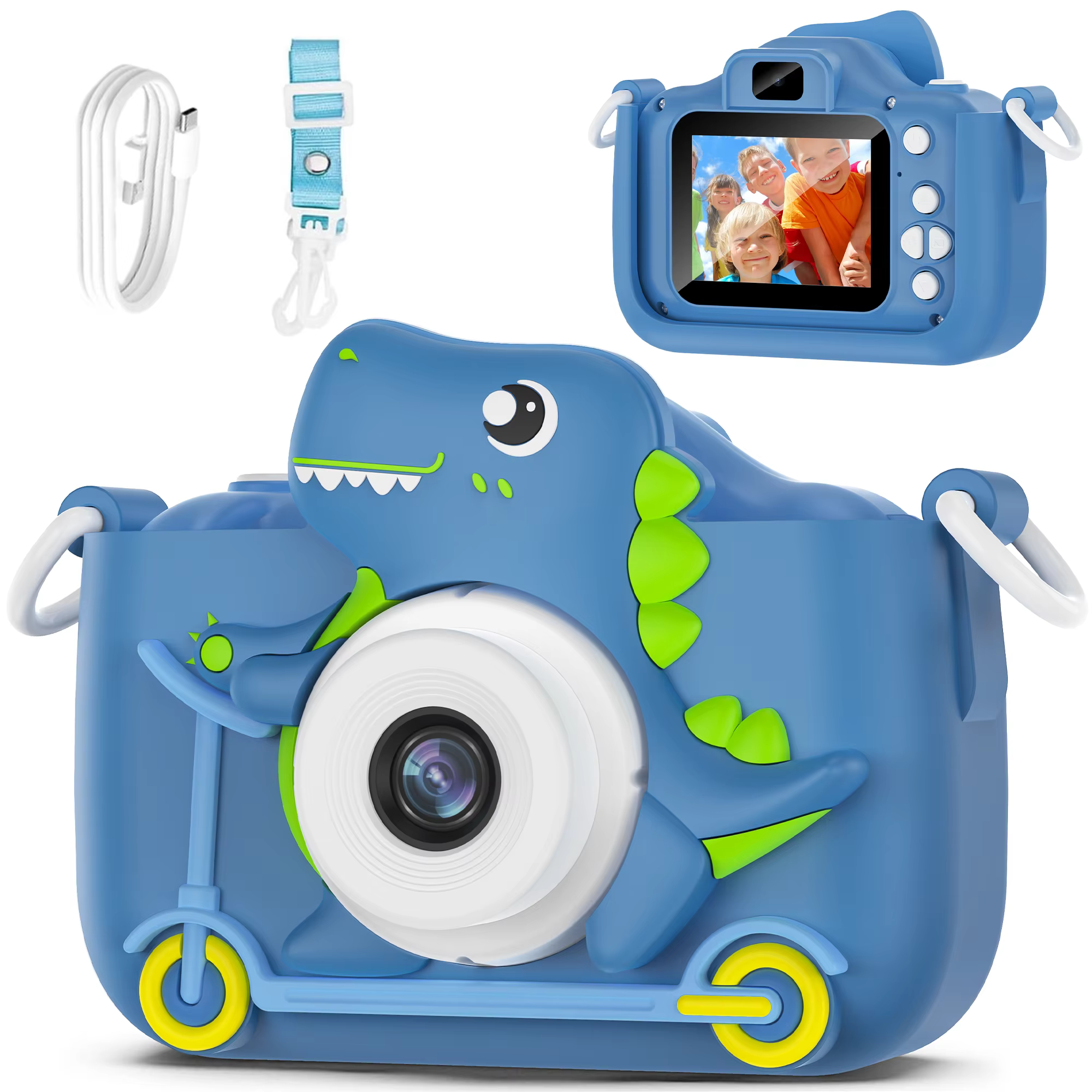 Appareil photo numérique pour enfants Dinosaure 1080P HD à double objectif avec écran 2,0 pouces et 