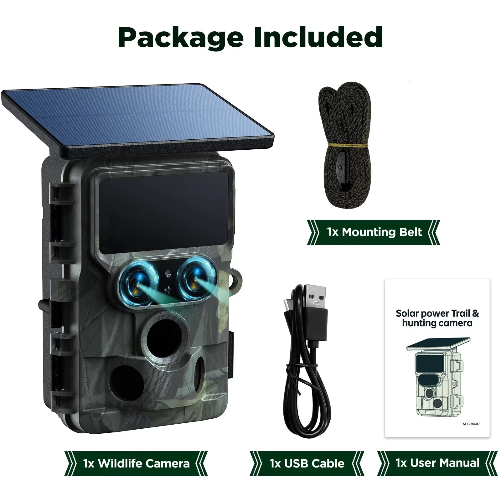 Caméra de surveillance de la faune 4K 60MP avec énergie solaire, WiFi, double objectif, capteur nati