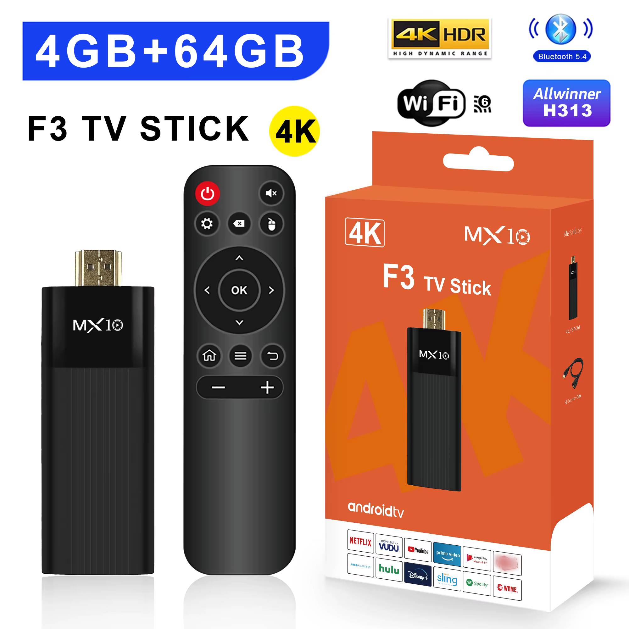 Version en direct du stick TV Android 14 4K 1080p WiFi 6 Google Netflix YouTube MX10 F3 BT5 24fps av