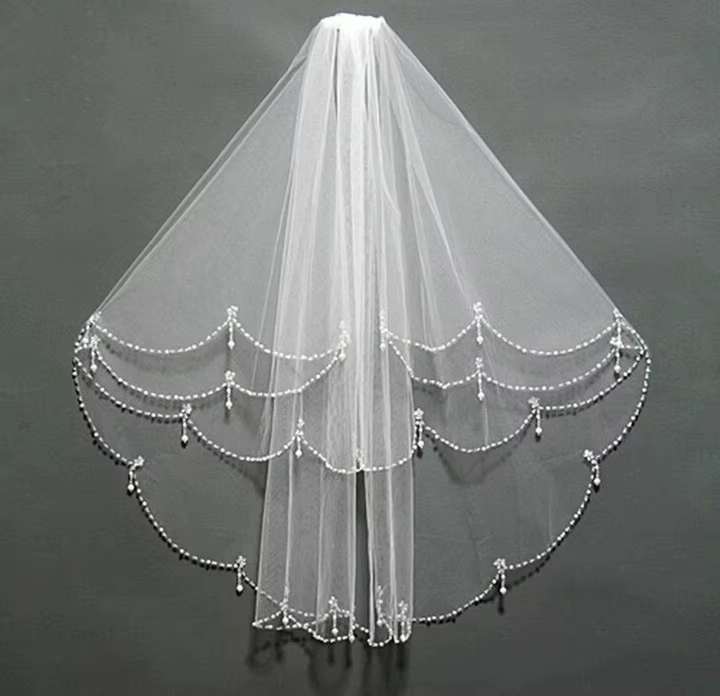 Deux couches coude longueur voile perles bord mariage voile de mariée court luxe blanc ivoire mariée