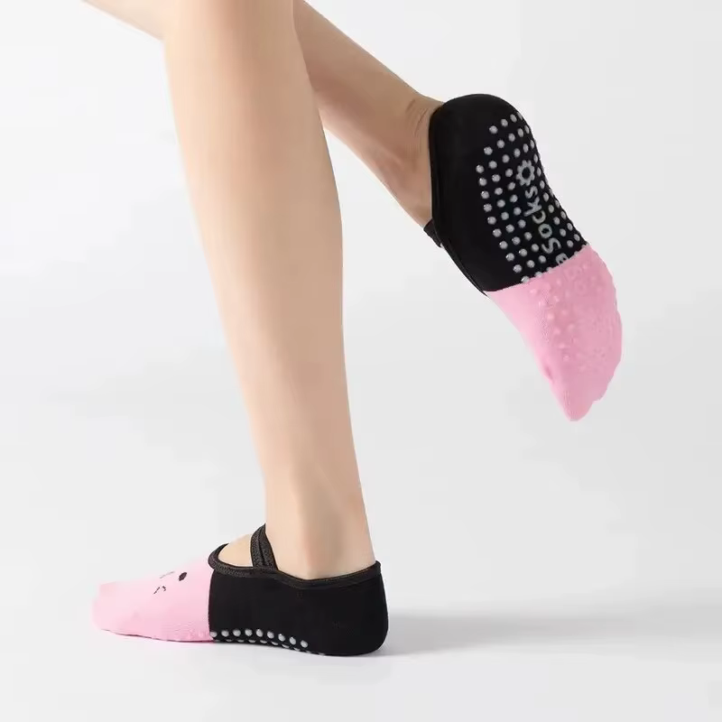 Chaussettes de Yoga antidérapantes pour femmes, mignonnes, dos nu, à bandes, Pilates, danse de Balle