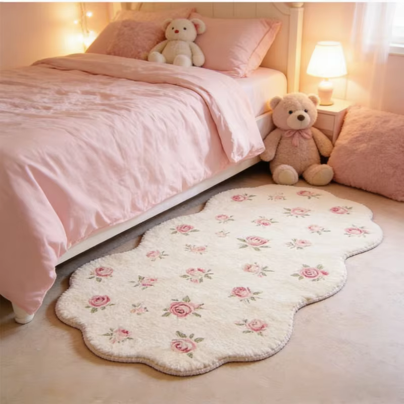 Tapis fleuris pour salon, style girly, décoration de chambre, tapis moelleux et doux, forme irréguli