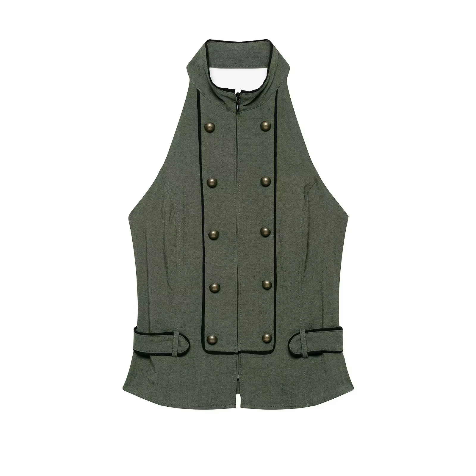 Gilet militaire style halter pour femme, printemps-automne, double boutonnage, dos ouvert, sans manc