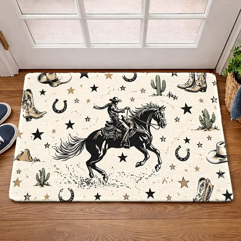 Tapis d'entrée antidérapant thème western Rétro Cowboy Rodeo avec cactus et fer à cheval
