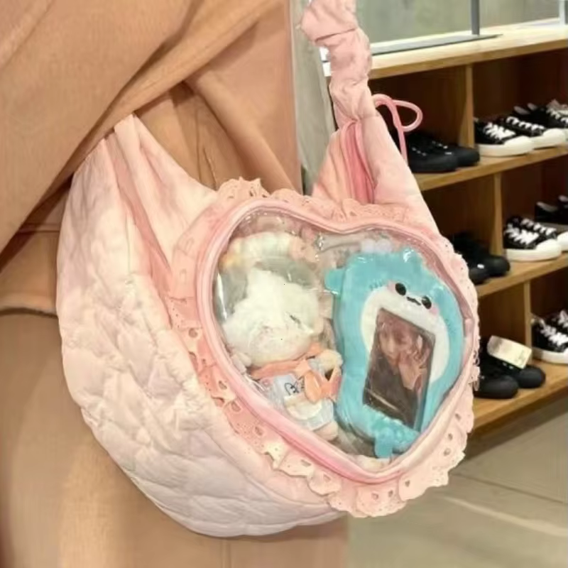 Sac à bandoulière rose mignon pour femmes plissé coeur d'amour Lolita Jk Ita sac cordon Style Ballet