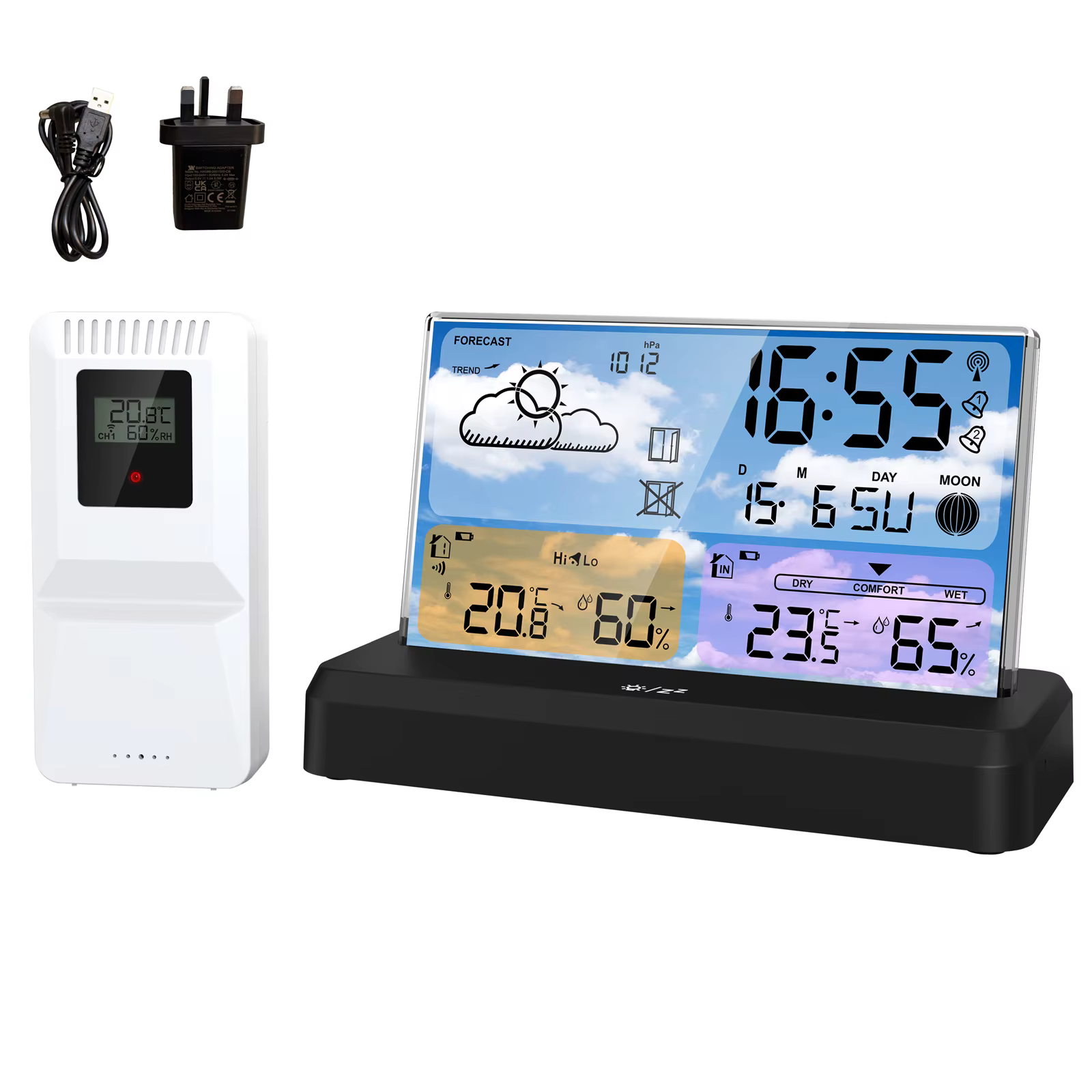 Station météo numérique transparente avec capteur extérieur, thermomètre hygromètre intérieur, horlo
