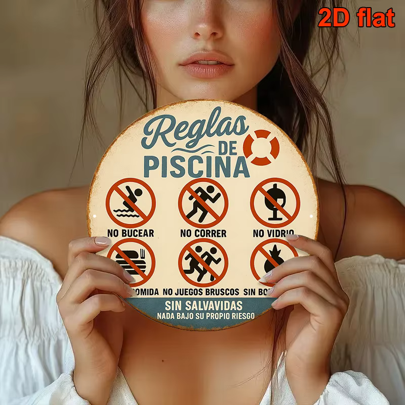 Panneau d'avertissement vintage « Règles de la piscine », panneau rond en bois espagnol, interdisant