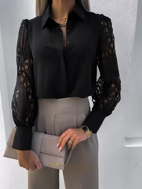Chemisier femme blanc blanc élégant col en v manches en dentelle découpé Patchwork bureau banlieue c