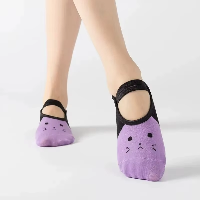 Chaussettes de Yoga antidérapantes pour femmes, mignonnes, dos nu, à bandes, Pilates, danse de Balle