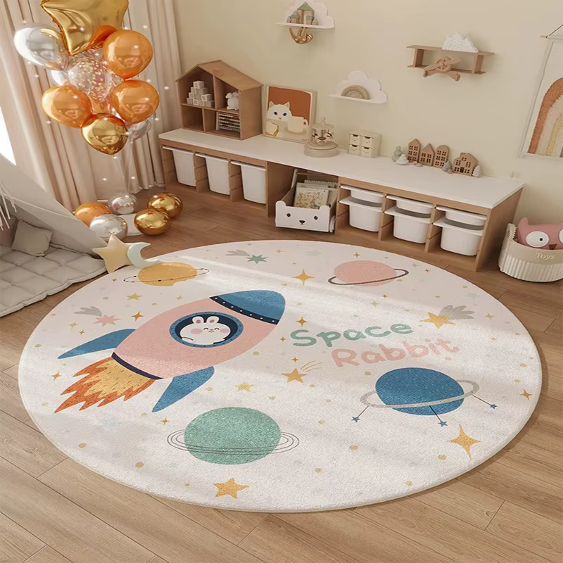 Tapis imprimé à motif de dessin animé Space Planet Rocket, tapis de jeu pour enfants, tapis de sol d