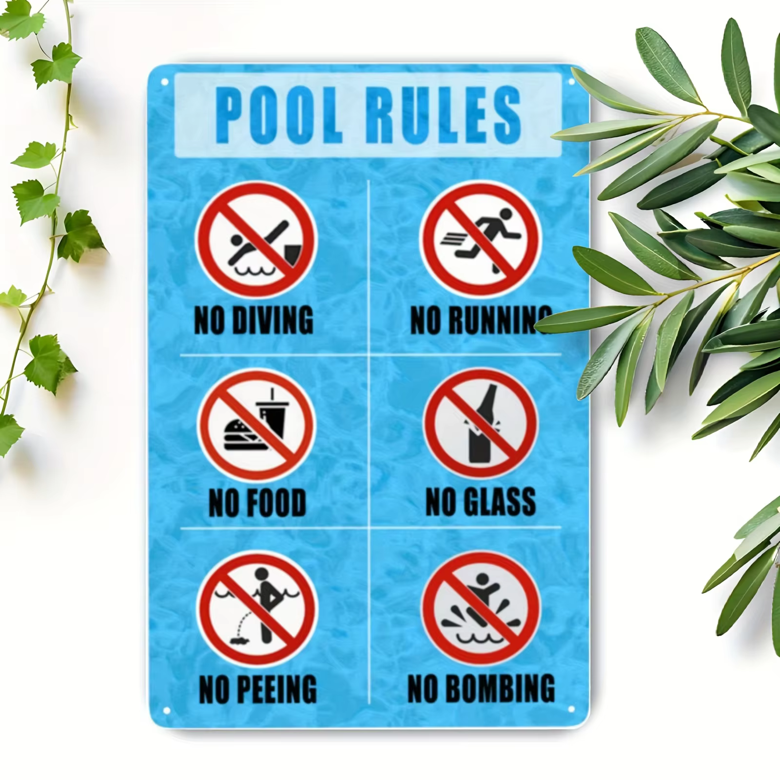 Panneau de règles de piscine en métal - Interdiction de courir, de sauter, de manger, de manipuler d