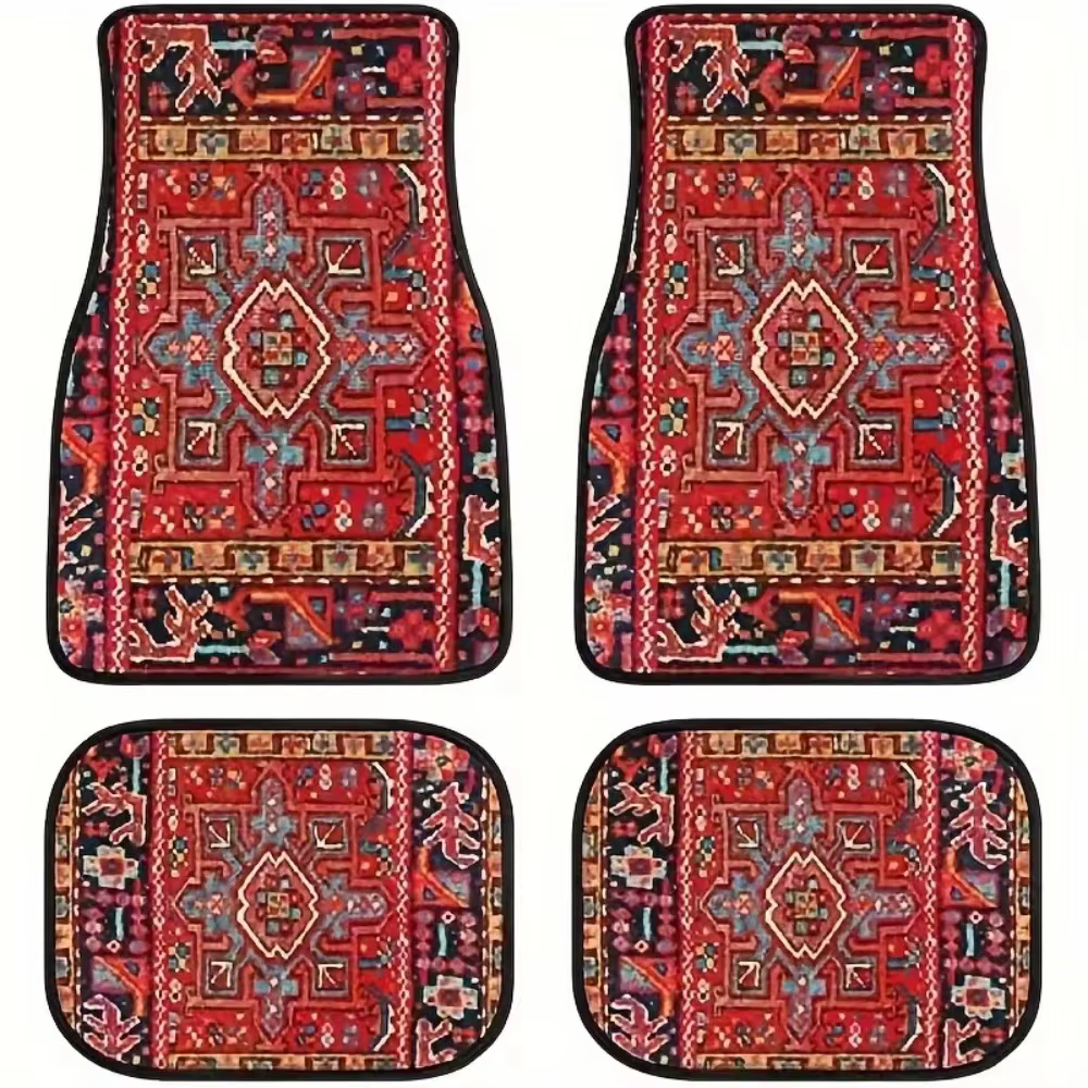 Tapis de sol de voiture bohème, 4 pièces, dos en caoutchouc, robuste, persan, résistant à la saleté,