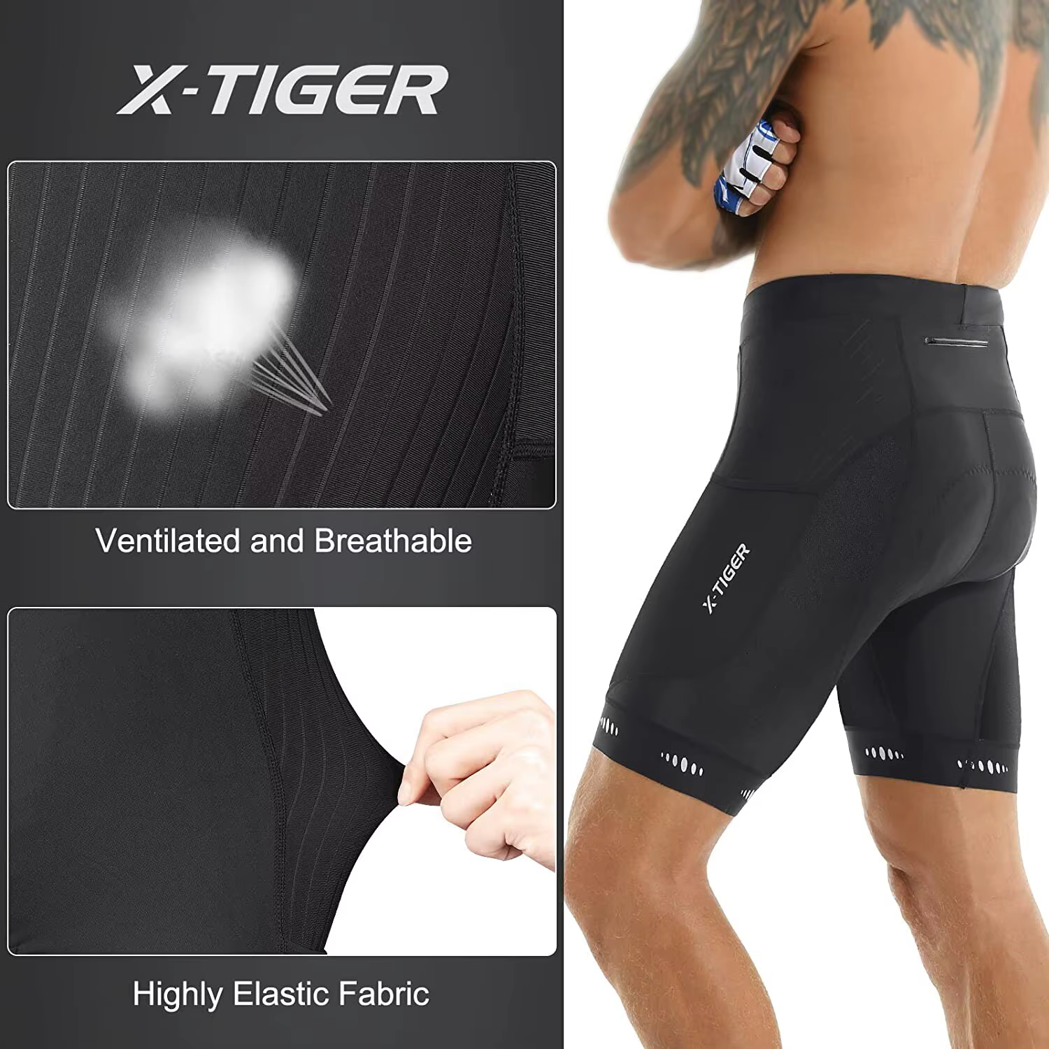 X-TIGER Hommes Cyclisme Shorts avec Poche Arrière 5D Gel Rembourré Vélo Shorts pour Hommes Montagne
