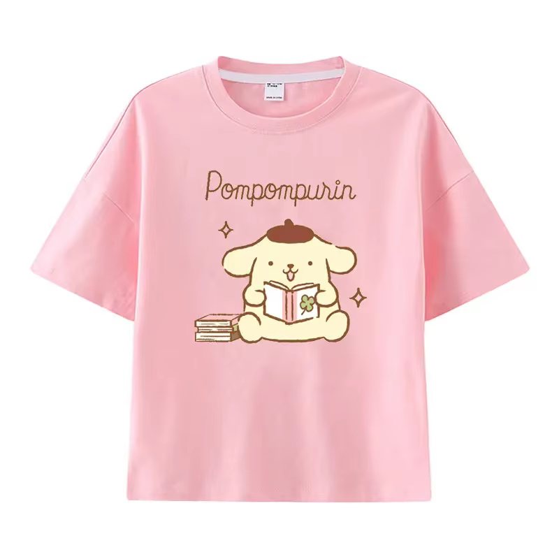 T-shirt imprimé Pudding Dog Pompom Purin pour enfants, haut ample en pur coton confortable, col rond