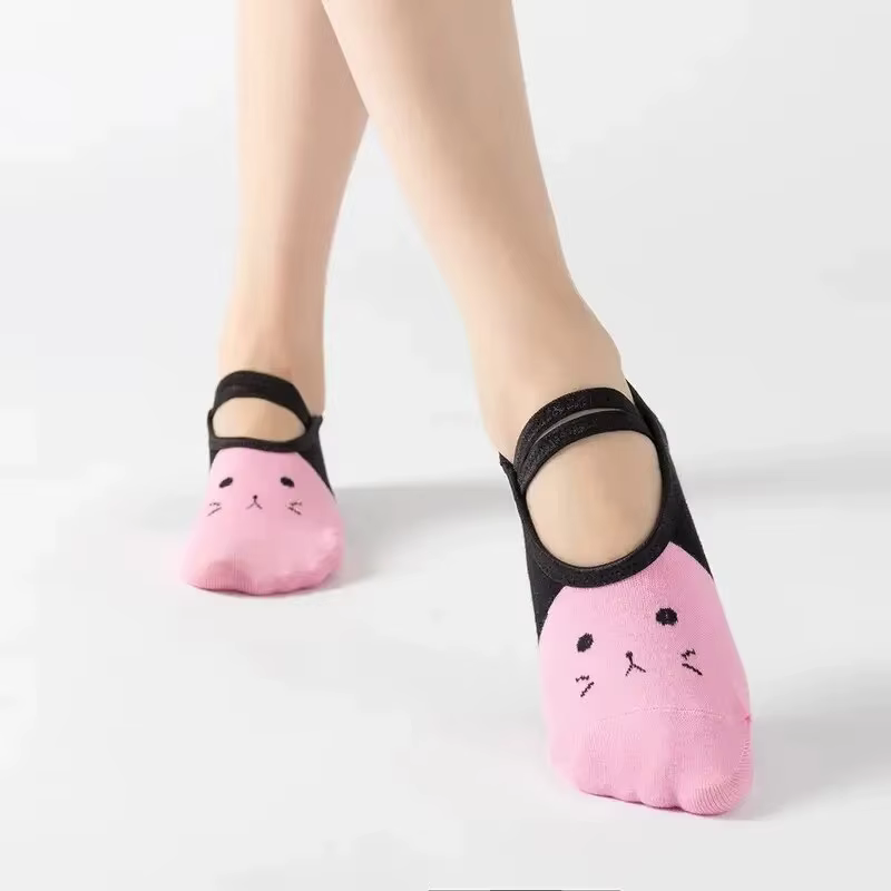 Chaussettes de Yoga antidérapantes pour femmes, mignonnes, dos nu, à bandes, Pilates, danse de Balle
