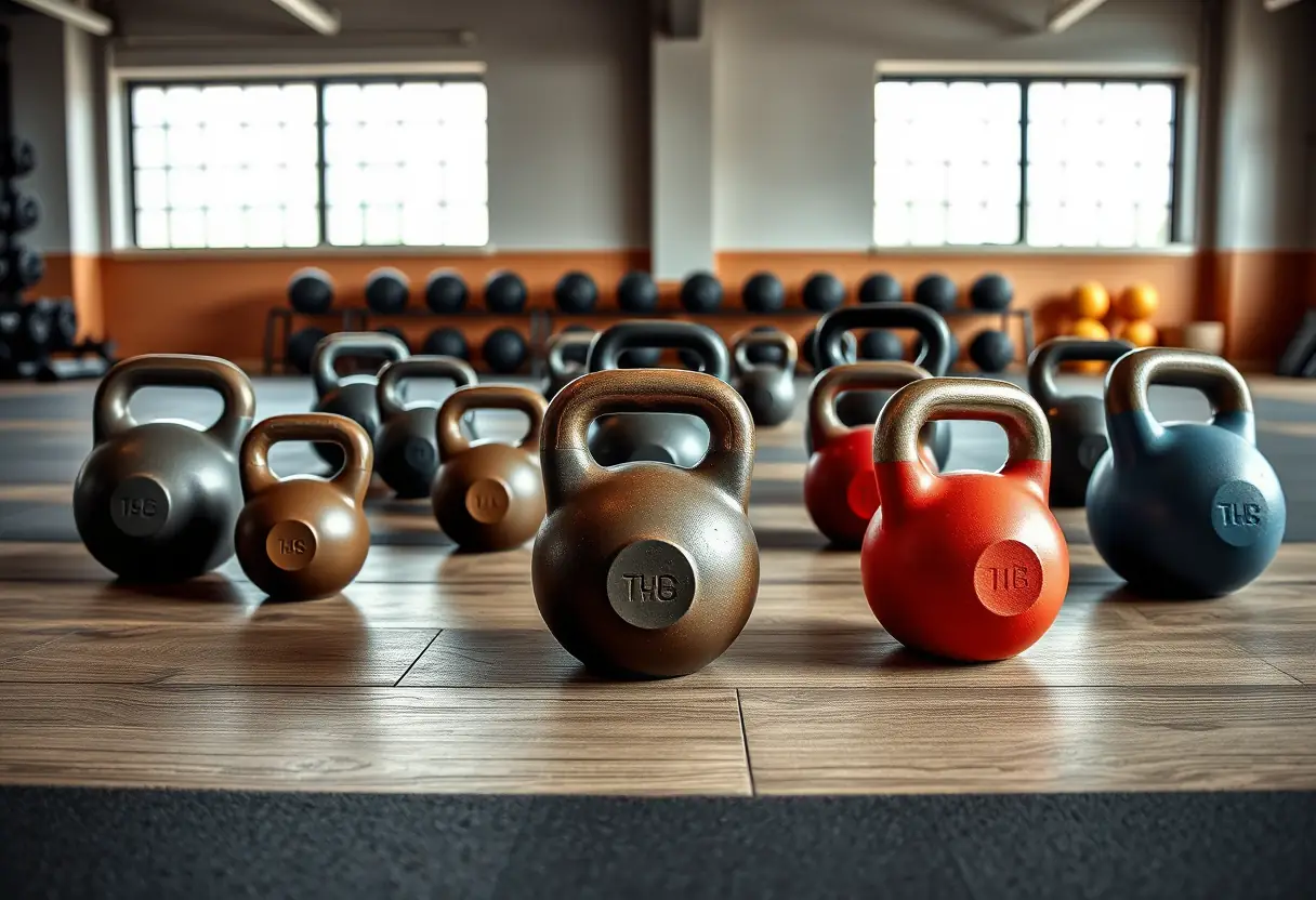 Sol d'un gymnase avec divers kettlebells pour entraînement