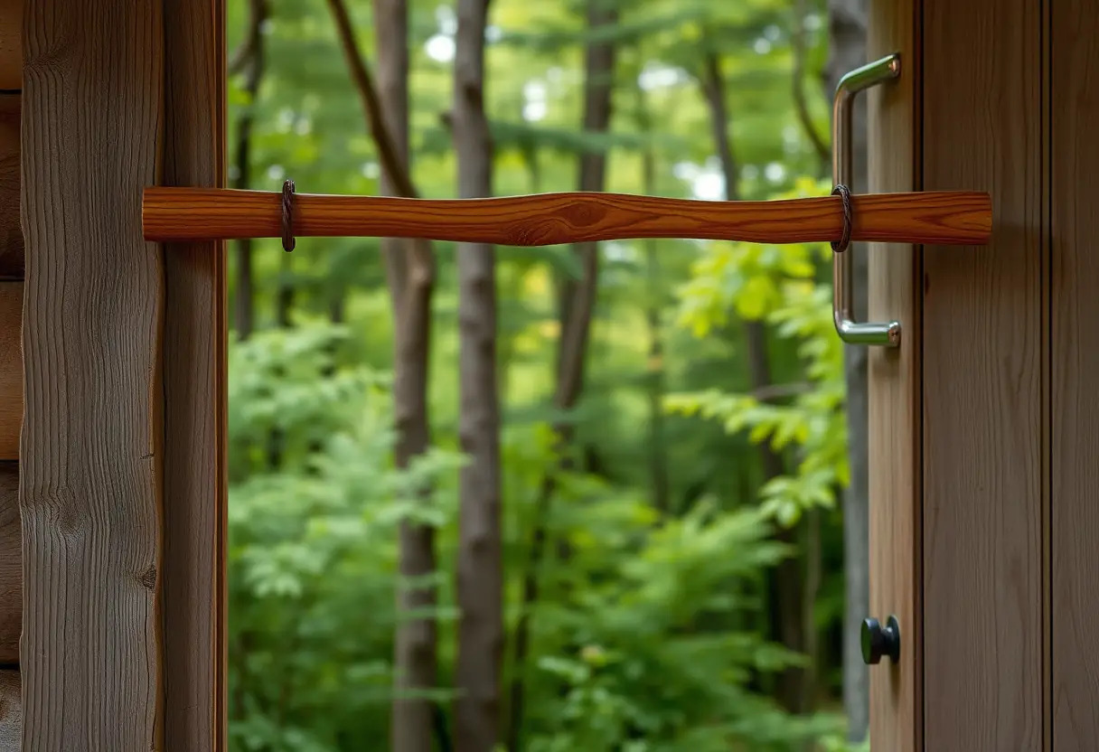 Barre de traction en bois suspendue à une porte, au milieu d'une forêt, soulignant son confort