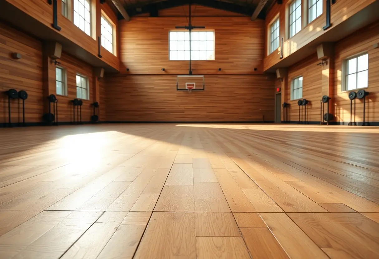 Un sol en bois usagé dans un gymnase, marqué par des exercices de dips